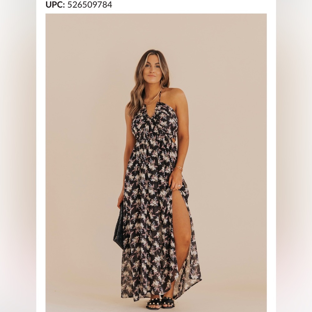 Magnolia boutique Tie Back Halter Black Floral Maxi size small with pockets